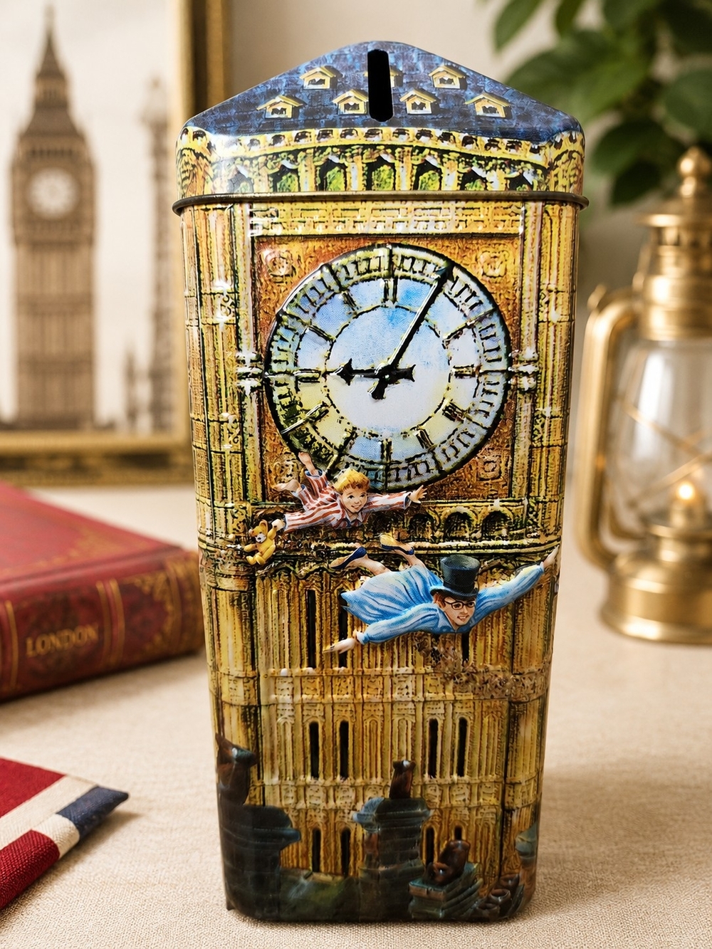 Churchill’s Peter Pan Big Ben Clock Embossed Tin Coin Bank Box United Kingdom 3D